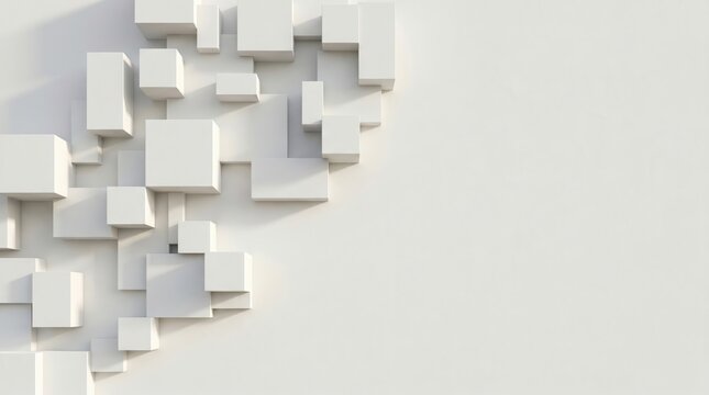 White three dimensional cubes arranged in a cluster on a flat surface creating geometric shadows and depth with a clean minimalist aesthetic and monochromatic light gray color palette