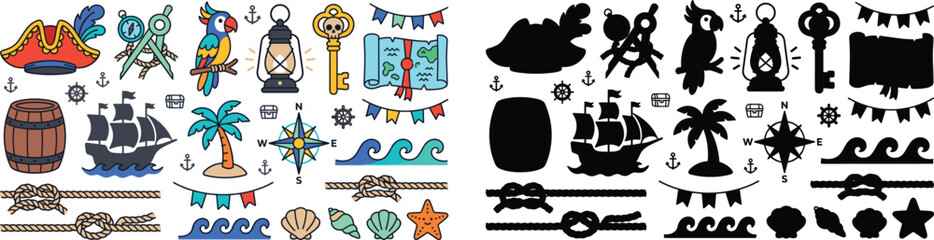 Pirate adventure vector icons with colorful and silhouette versions including parrot, ship, treasure map, compass, anchor, and nautical elements © Niheranjan