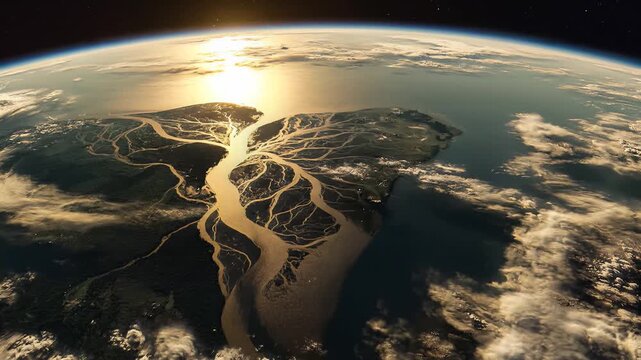 Satellite view of a vast river delta emptying into the ocean at sunset with golden sunlight reflecting on the water surface.