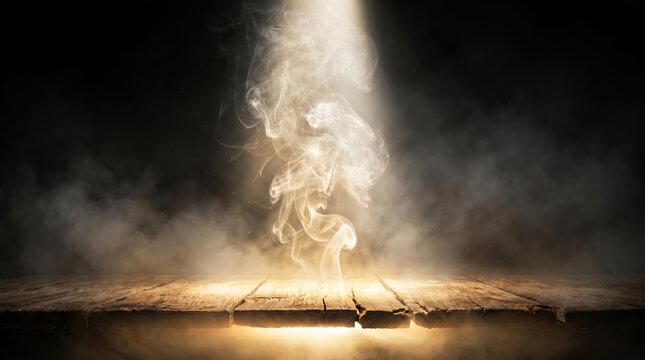Wisps of white smoke rising from a weathered wooden plank surface illuminated by a vertical beam of light against a dark black background