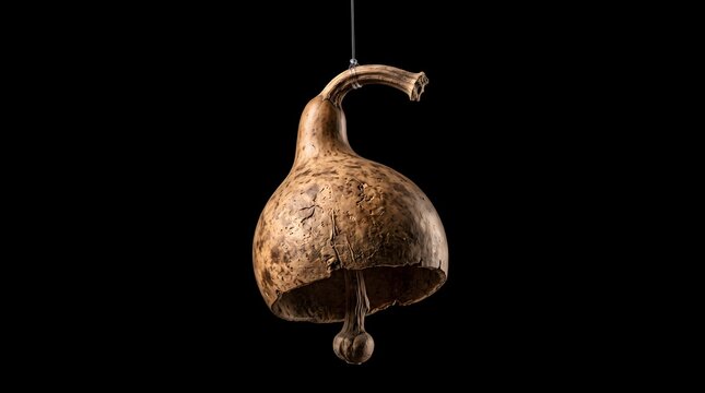 A dried calabash gourd transformed into a rustic bell hanging in darkness, a poignant metaphor for nature's silent resonance and the lingering echo of organic time.