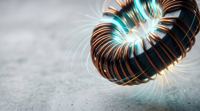 Toroid inductor coil sits on a concrete surface with glowing electromagnetic energy lines visualizing power transfer, representing advanced electronic component manufacturing and electrical.
