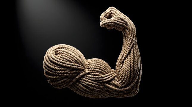 A flexed muscular arm intricately woven from dense coiled ropes against a dark backdrop, symbolizing unbreakable inner strength, physical resilience, and collective power.