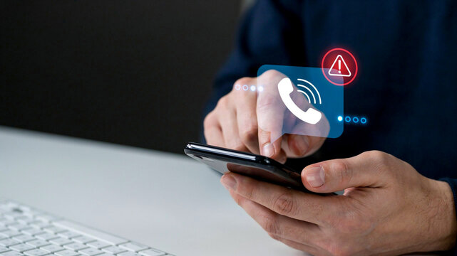 User holding smartphone with digital incoming call icon and red warning alert symbol for spam protection and security
