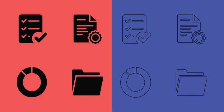 Set of business document and data chart in solid black and outline styles on red and blue split background