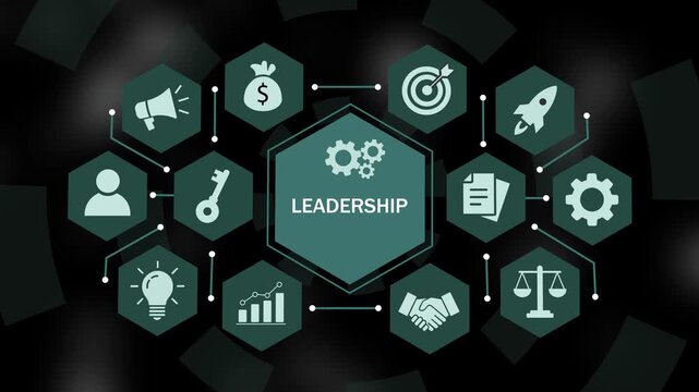 Dynamic corporate leadership infographic animation featuring hexagonal representing business strategy, management growth, teamwork, financial success, innovation, and development concepts