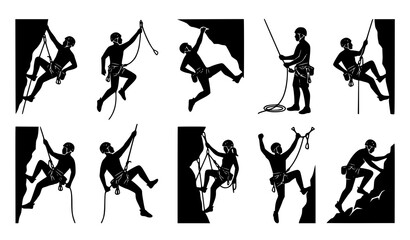 Rock Climbing Sports Silhouette Collection Featuring Professional Climbers Rope Techniques and Mountain Adventure Activities © Ziten