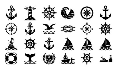 Maritime Nautical Symbol Icon Set Featuring Anchors Lighthouses Sailing Ships and Ocean Navigation Elements © Ziten