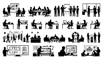 Fototapeta premium Business Meeting, Office Presentation and Corporate Teamwork Silhouette Vector Collection for Professional Workplace Illustrations