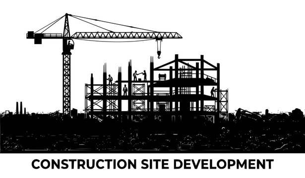 Construction Site Development Silhouette Featuring Tower Crane and Building Framework Vector Illustration for Engineering Projects