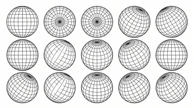 "Create a premium flat vector collection featuring 10 geometric wireframe globe spheres arranged in a clean 2&times;5 grid on a white or transparent background. Each sphere should represent a unique perspec