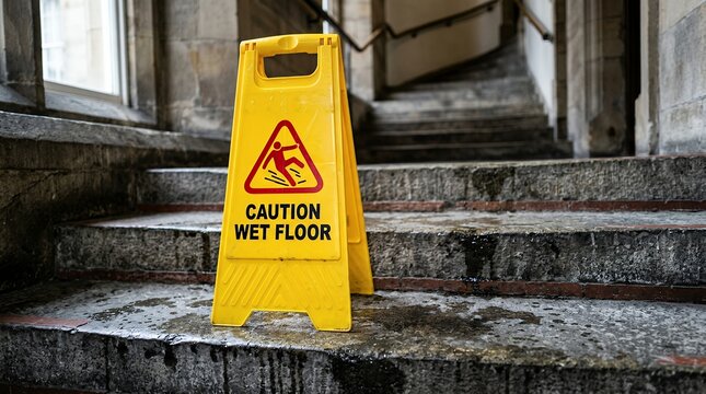 Bright yellow caution wet floor sign, a safety warning for slippery surfaces. Essential hazard alert for public spaces, offices, and commercial buildings.
