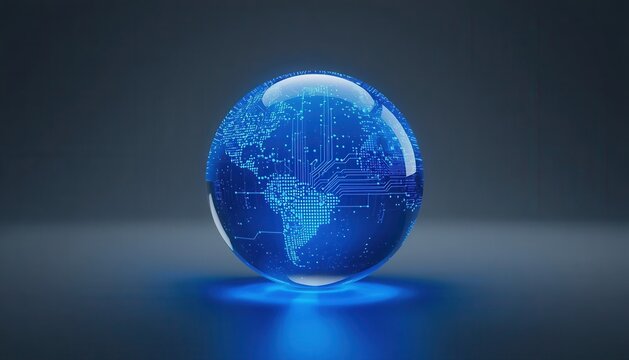 Glowing digital world map inside transparent glass sphere globe with technology communication connectivity internet abstract connection information innovation business infrastructure