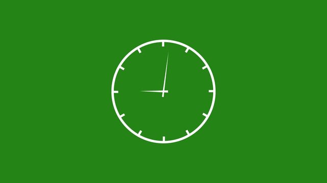 Minimalist white analog clock face animation isolated on a solid chroma key green screen background, seamless time-lapse editing, countdown sequences, and motion projects