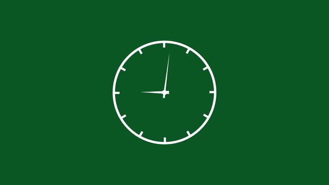 Minimalist white analog clock face animation rotating rapidly on a solid dark green background, representing fast passing time, deadline urgency, productivity, and efficient time management concepts