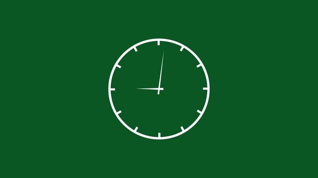 Minimalist white analog clock face animation rotating rapidly on a solid deep green background, representing the fast passage of time, deadlines, efficiency, productivity, and chronological progress