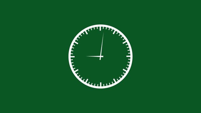 Minimalist white analog clock face animation rotating rapidly on a solid dark green background, representing the passage of time, deadline urgency, business efficiency, and dynamic chronological
