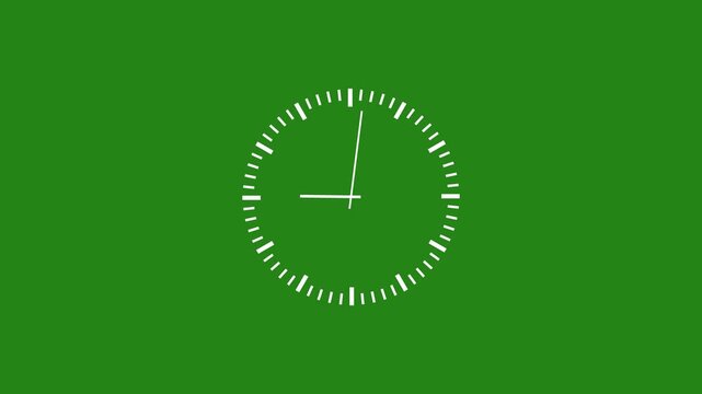 Minimalist white analog clock face animation rotating rapidly on a solid chroma key green screen background, for easy compositing, and time-based motion, and editing projects