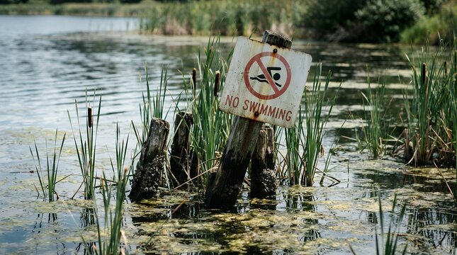 Weathered 'No Swimming' sign in a murky, overgrown pond, a warning against water hazards and unsafe conditions. Rustic wooden post with a distressed metal sign
