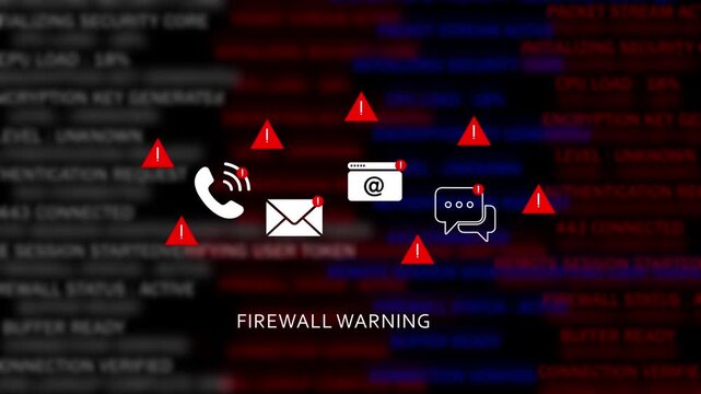 Cybersecurity firewall warning alert system displaying critical digital threat notifications with communication and encrypted data code background, for network protection, and online safety concepts