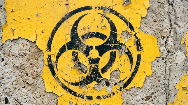 Grungy biohazard symbol on a distressed yellow wall, a textured concrete surface with peeling paint, representing danger and contamination, ideal for safety warnings or industrial design.