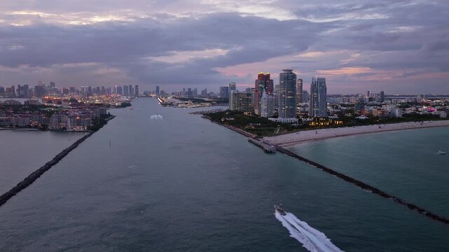 Landscape Miami south beach, Florida. Aerial view on south pointe park. Landscape aerial Miami skyscraper, 4k. Luxury skyscraper in evening Florida. Miami south beach aerial view at night