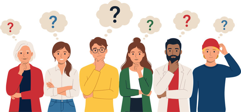 Confused People with Question Marks Set, Men and Women Thinking and Doubtful Expression, Flat Vector Illustration of Characters with Question Mark Thought Bubbles