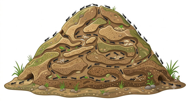 Cross-section illustration of an underground ant colony and anthill