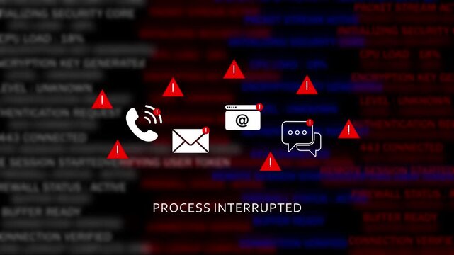 Cybersecurity alert warning screen displaying process interrupted error message with flashing red warning triangles and digital communication representing system failure and network security breach