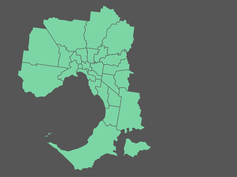 Green Melbourne Greater Region Suburbs and Local Government Areas Map around Port Phillip Bay, Victoria, Australia