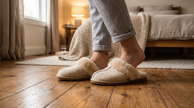 Cozy feet in fluffy slippers on wooden floor in modern bedroom  