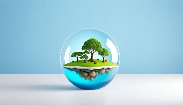 Floating green island inside crystal orb