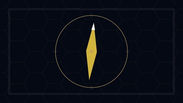 Animated digital compass needle rotating on a dark geometric grid background