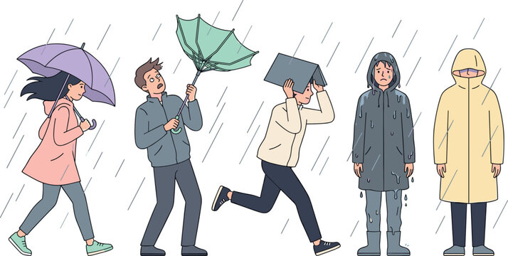 People Walking in Rain Set, Man and Woman with Umbrella Raincoat and Wet Clothes, Flat Vector Illustration of Characters Caught in Rainy Weather Season