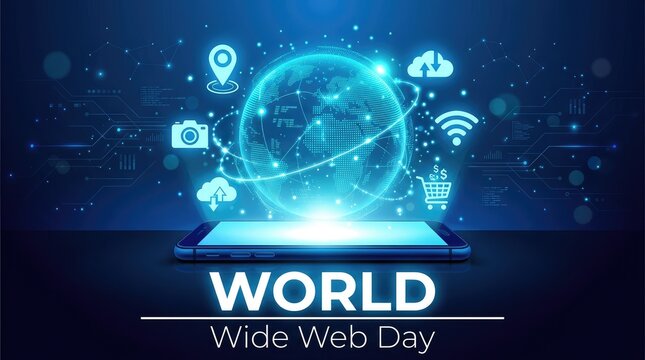 World Wide Web Day digital smartphone banner with glowing earth and internet service icons