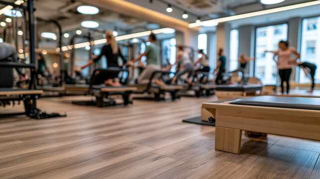 Pilates Studio Interior with Blurred People on Reformer Machines