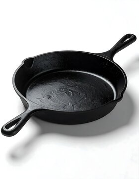 Black cast iron skillet with water droplets inside.