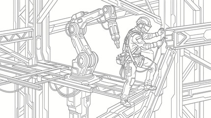 Fototapeta premium Industrial worker and robotic arm on a futuristic construction site