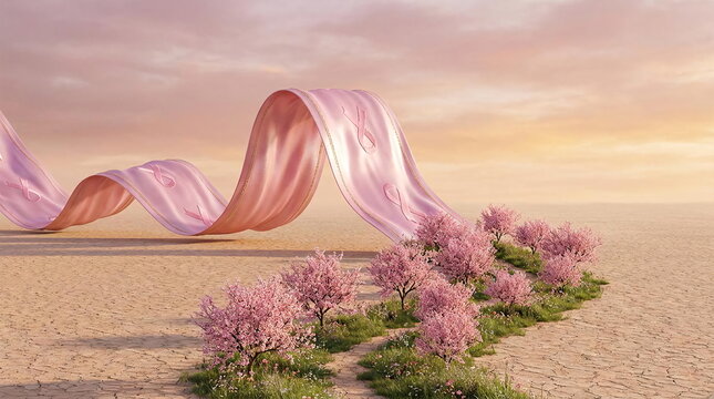Pink silk fabric flowing over desert landscape with blossoms.