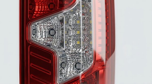 Close-up detail of rescue van taillights featuring high-intensity led lighting technology on a modern emergency vehicle against a clean white background