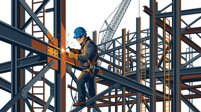 Construction worker welding steel beams on high rise building