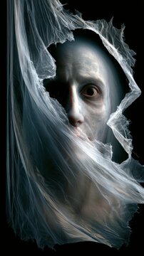 Eerie Halloween Ghost Peering Through Torn Translucent Fabric