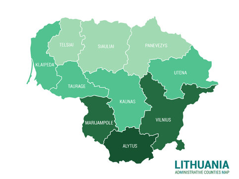 Administrative Map of Lithuania with Labeled Counties in Green Vector Style