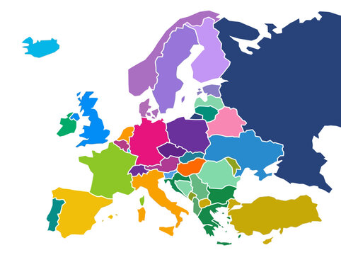 Colorful Stylized Political Map of Europe with Country Borders
