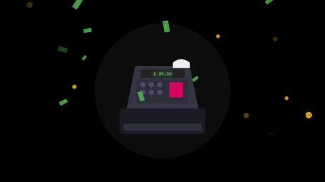 A festive electronic point of sale terminal processes various commercial transactions while floating green paper currency notes represent successful revenue growth for a retail business