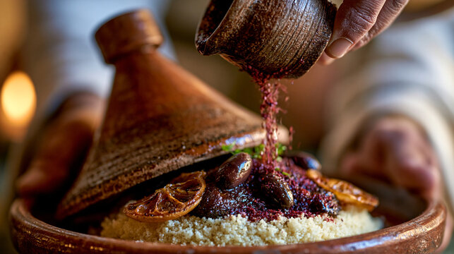 Sprinkling spices over moroccan tajine dish with couscous and roasted lemon