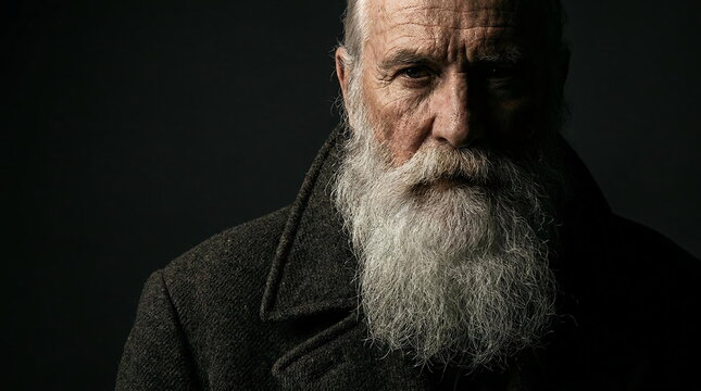 Portrait of senior man with long white beard and coat.