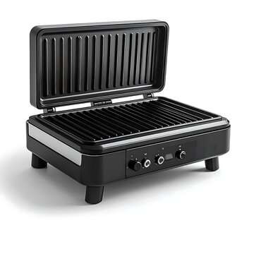 Black Electric Grill with Ridged Cooking Surface.