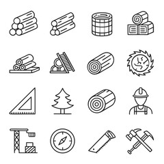Fototapeta premium Wood and Timber Icon Set – Lumber, Forestry, Carpenter Tools, Wooden Materials, Logging Vector Icons Collection