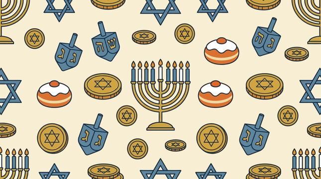 A festive Hanukkah pattern featuring a menorah, dreidels and gelt